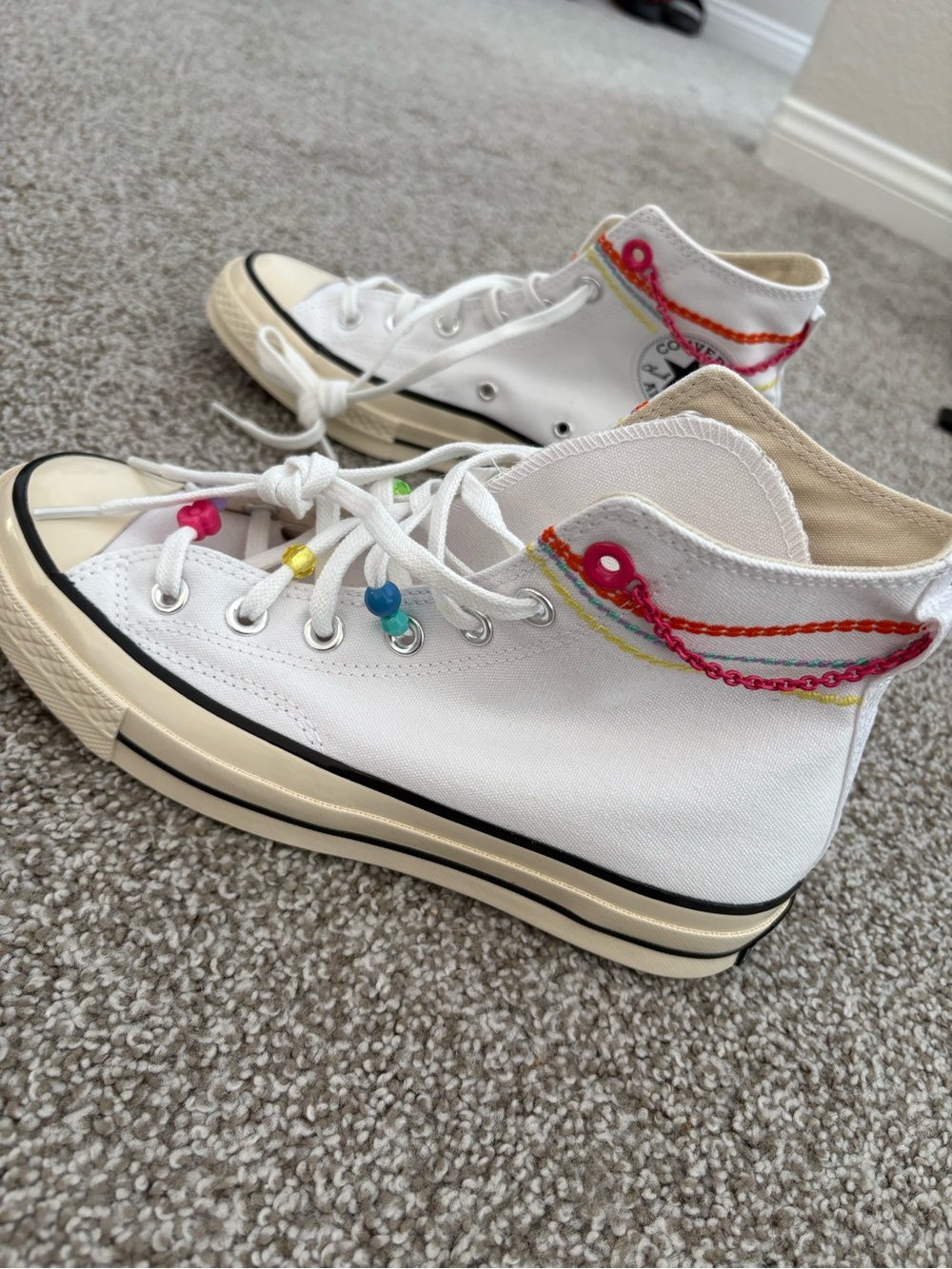 Converse White Canvas High Tops with Multicolor Bead Accents
